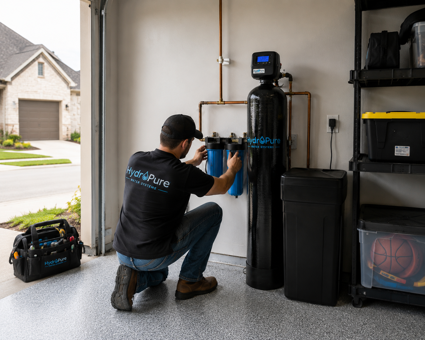 HydroPure technician installing a whole-home water filtration system in a garage